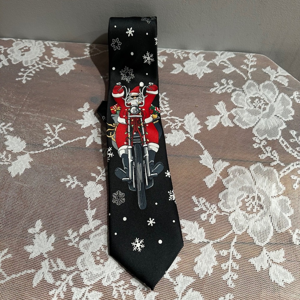 Santa Riding Motorcycle Christmas Tie Black Snowflakes Fun Holiday‎ Necktie